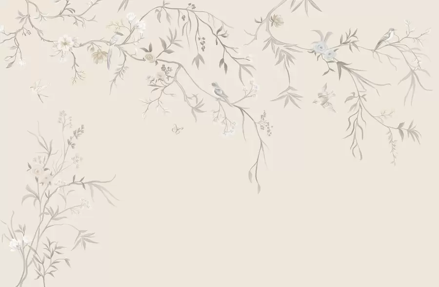 murales de pared Ramas florales con pájaros sobre un fondo claro w05127v7
