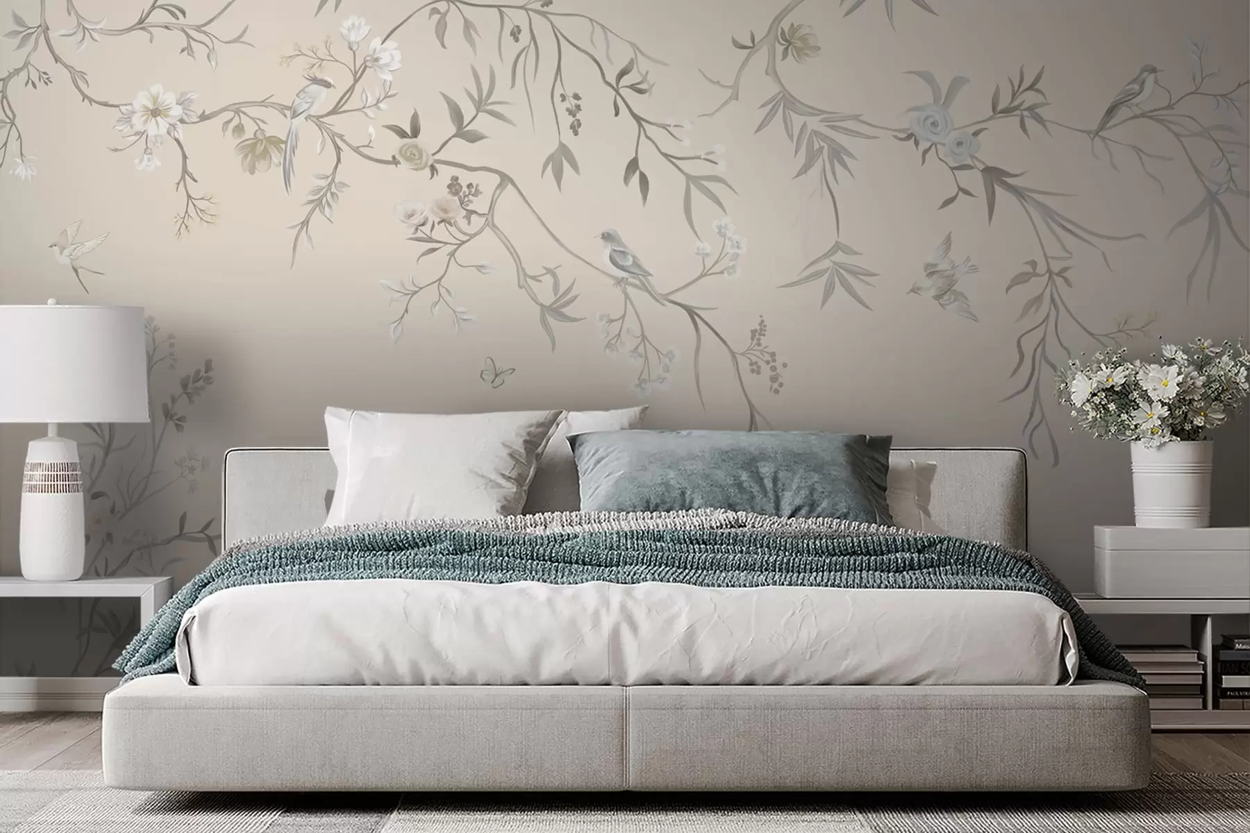 murales de pared Ramas florales con pájaros sobre un fondo claro w05127v7