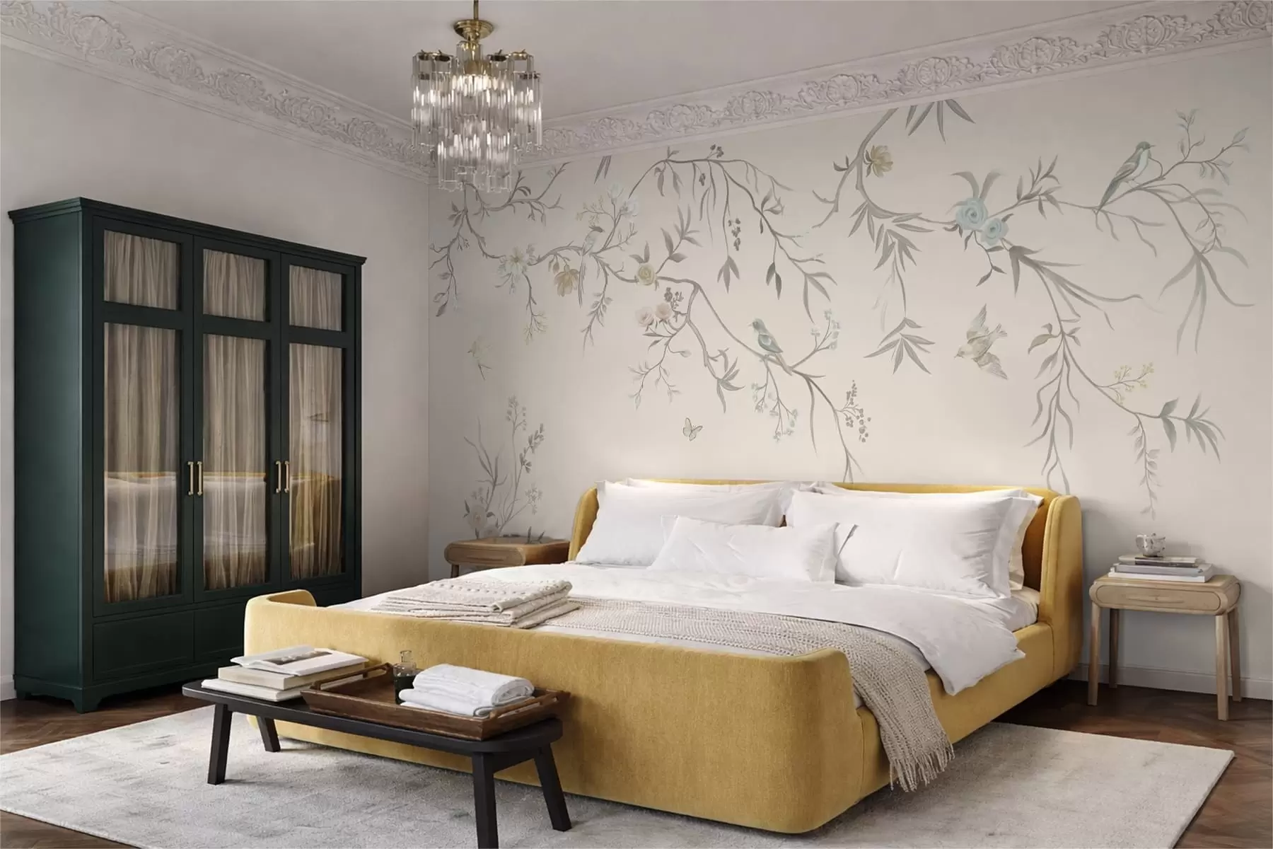 murales de pared Ramas florales con pájaros sobre un fondo claro w05127v7