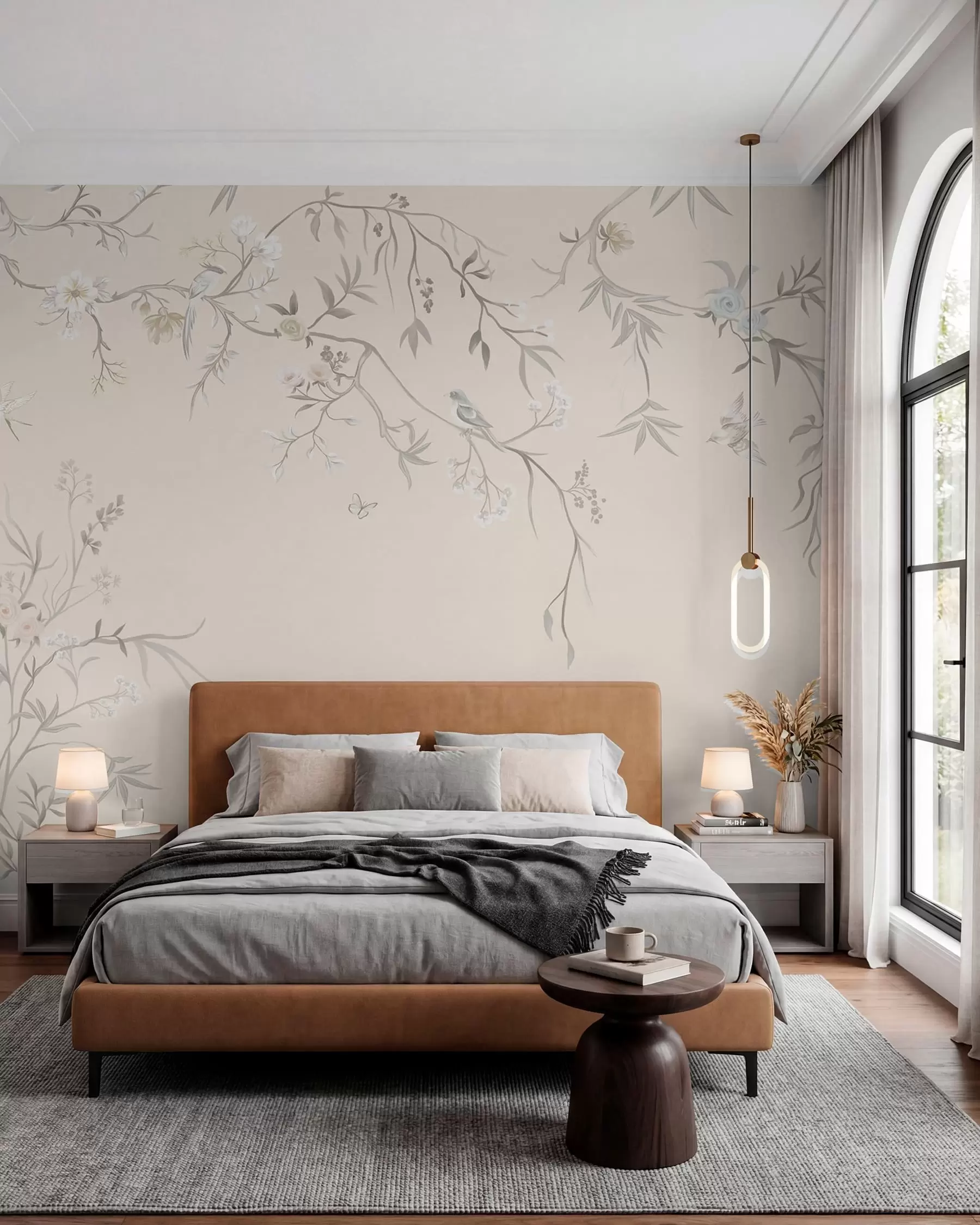 murales de pared Ramas florales con pájaros sobre un fondo claro w05127v7