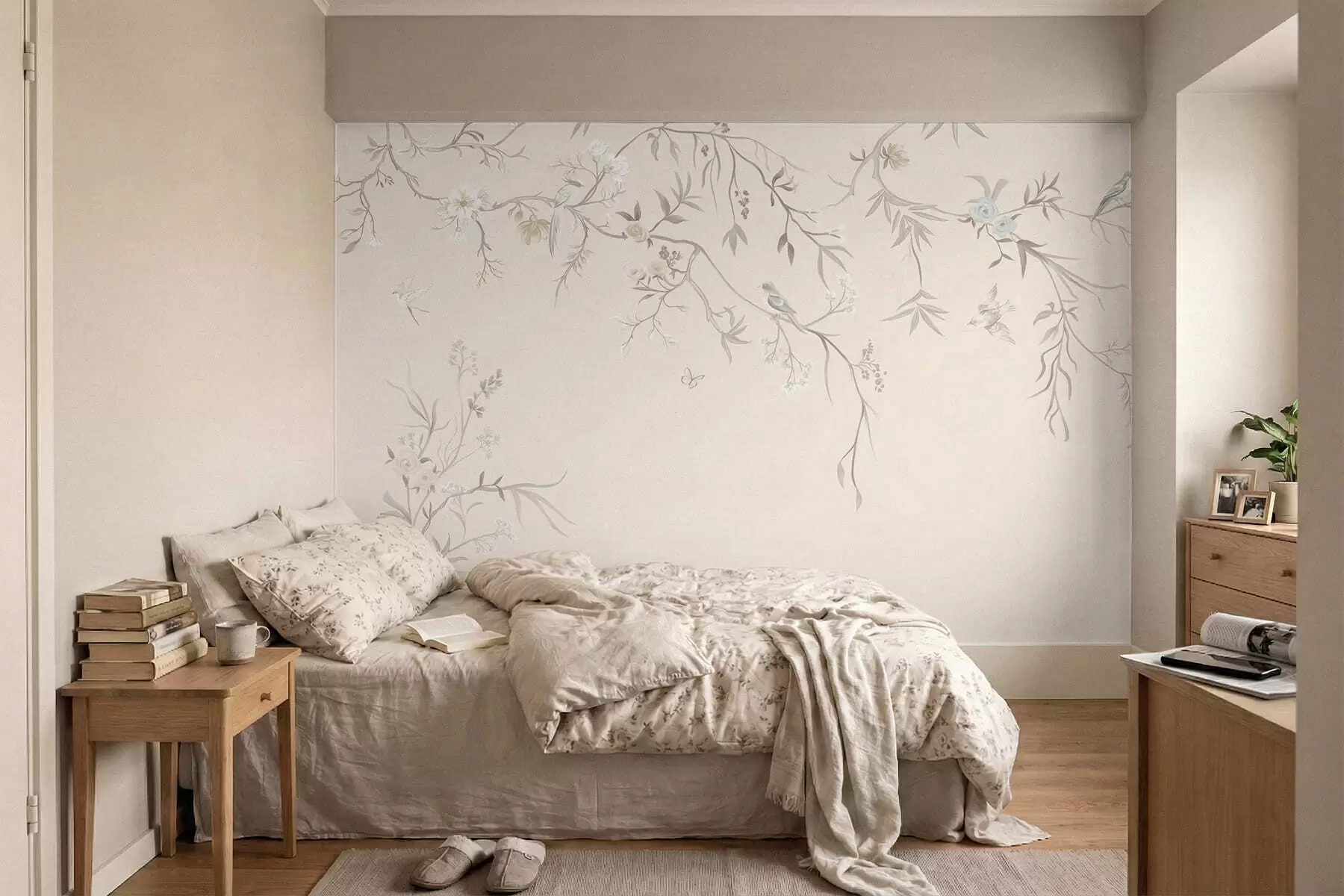 murales de pared Ramas florales con pájaros sobre un fondo claro w05127v7