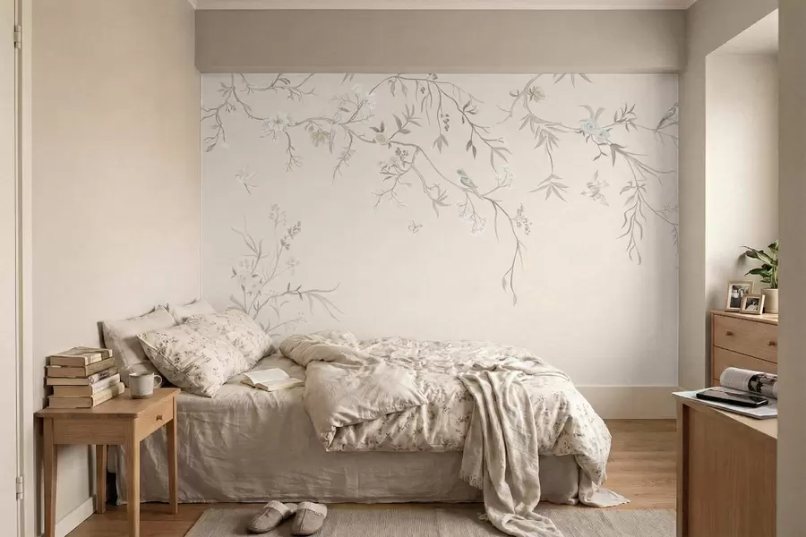 murales de pared Ramas florales con pájaros sobre un fondo claro w05127v7