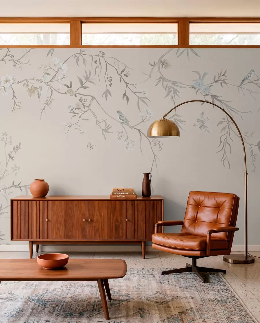 murales de pared Ramas florales con pájaros sobre un fondo claro w05127v7