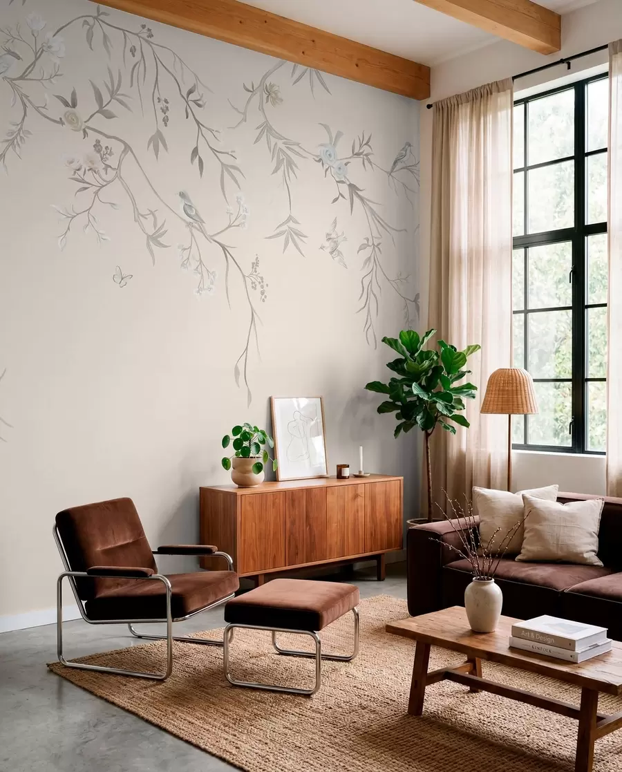 murales de pared Ramas florales con pájaros sobre un fondo claro w05127v7