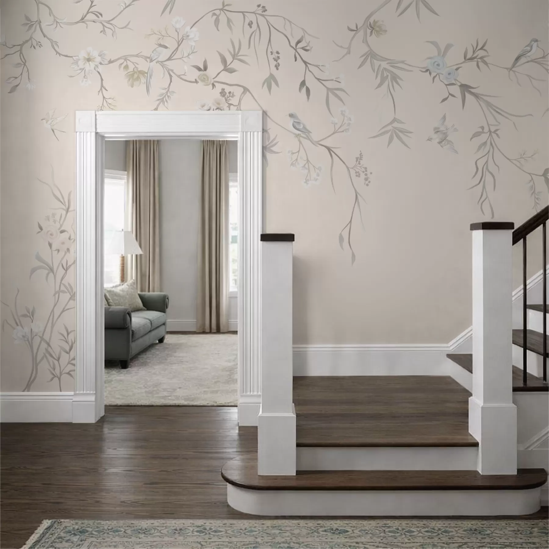 murales de pared Ramas florales con pájaros sobre un fondo claro w05127v7