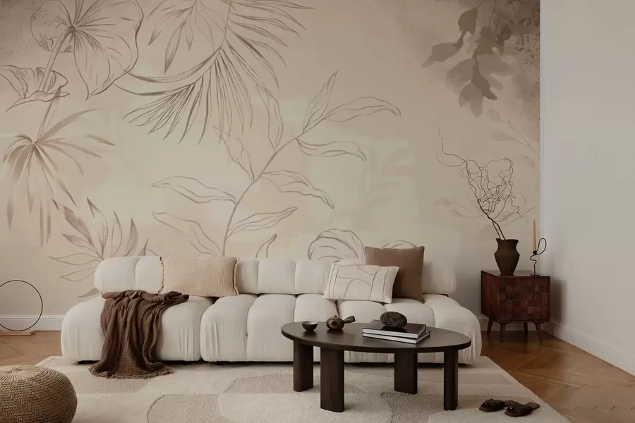 murales de pared Plantas lineales sobre fondo beige texturizado w05128