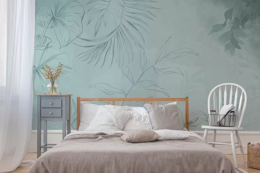 murales de pared Plantas lineales sobre fondo verde suave w05128v1