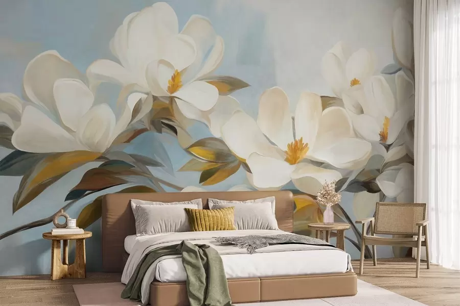 murales de pared Magnolias blancas con hojas verdes sobre fondo azul claro con imitación de pinceladas abstractas. w09478