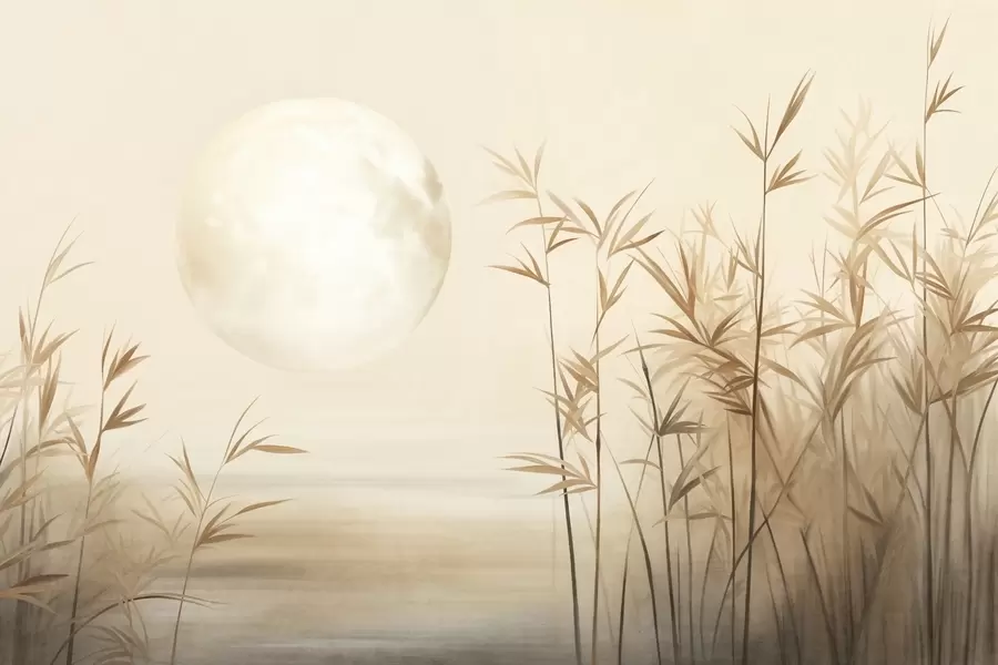 murales de pared Paisaje texturizado con altos juncos, lago y luna pálida en un cielo brumoso. w09631