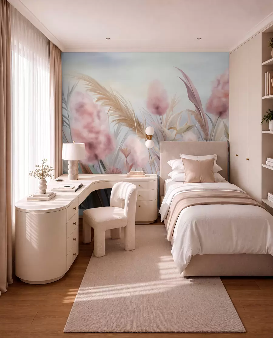 murales de pared Hierba de la pampa rosa y beige y otras flores secas con un cielo suave y brumoso al fondo. w09635