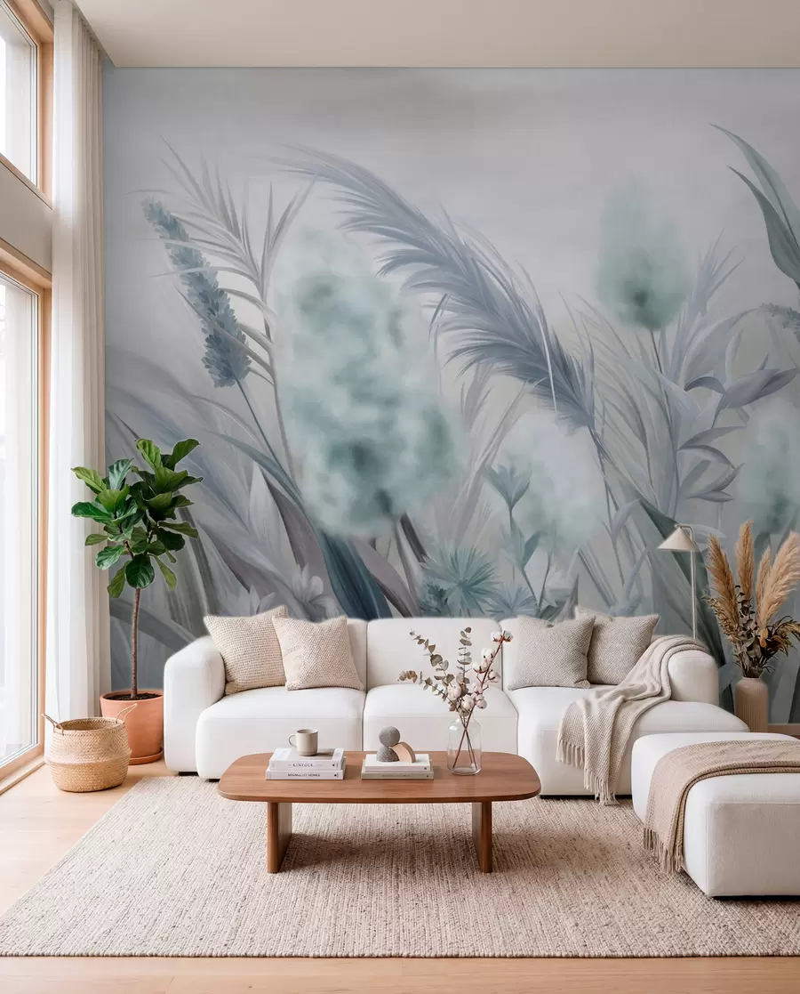 murales de pared Hierba de la pampa azul y gris y otras flores secas con un cielo suave y brumoso al fondo. w09635v1