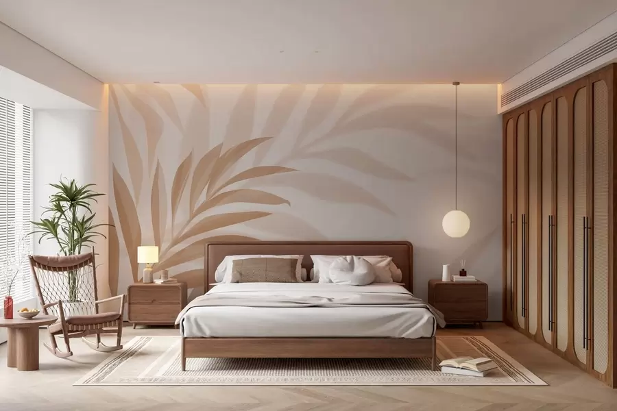 murales de pared Grandes hojas de palmera curvadas en tonos beige y marrón. w05211