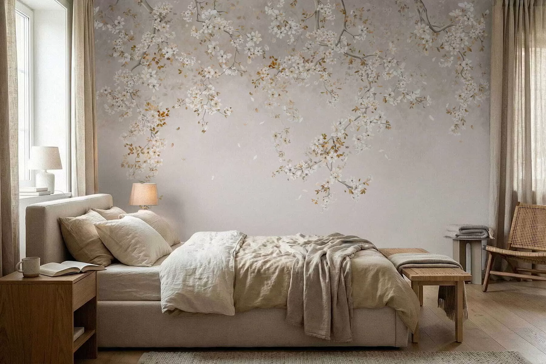 murales de pared Ramas con flores blancas sobre un fondo beige suave. w05129