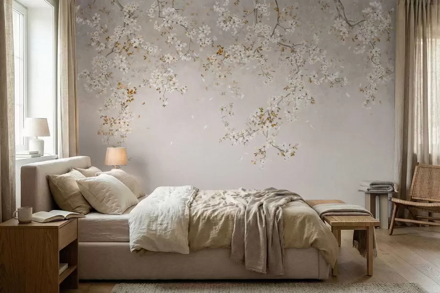 murales de pared Ramas con flores blancas sobre un fondo beige suave. w05129