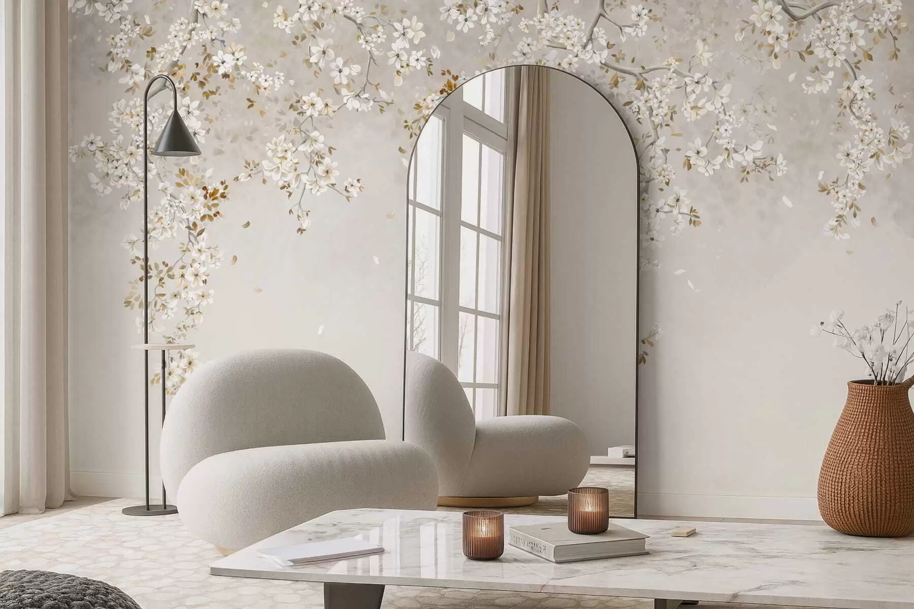murales de pared Ramas con flores blancas sobre un fondo beige suave. w05129