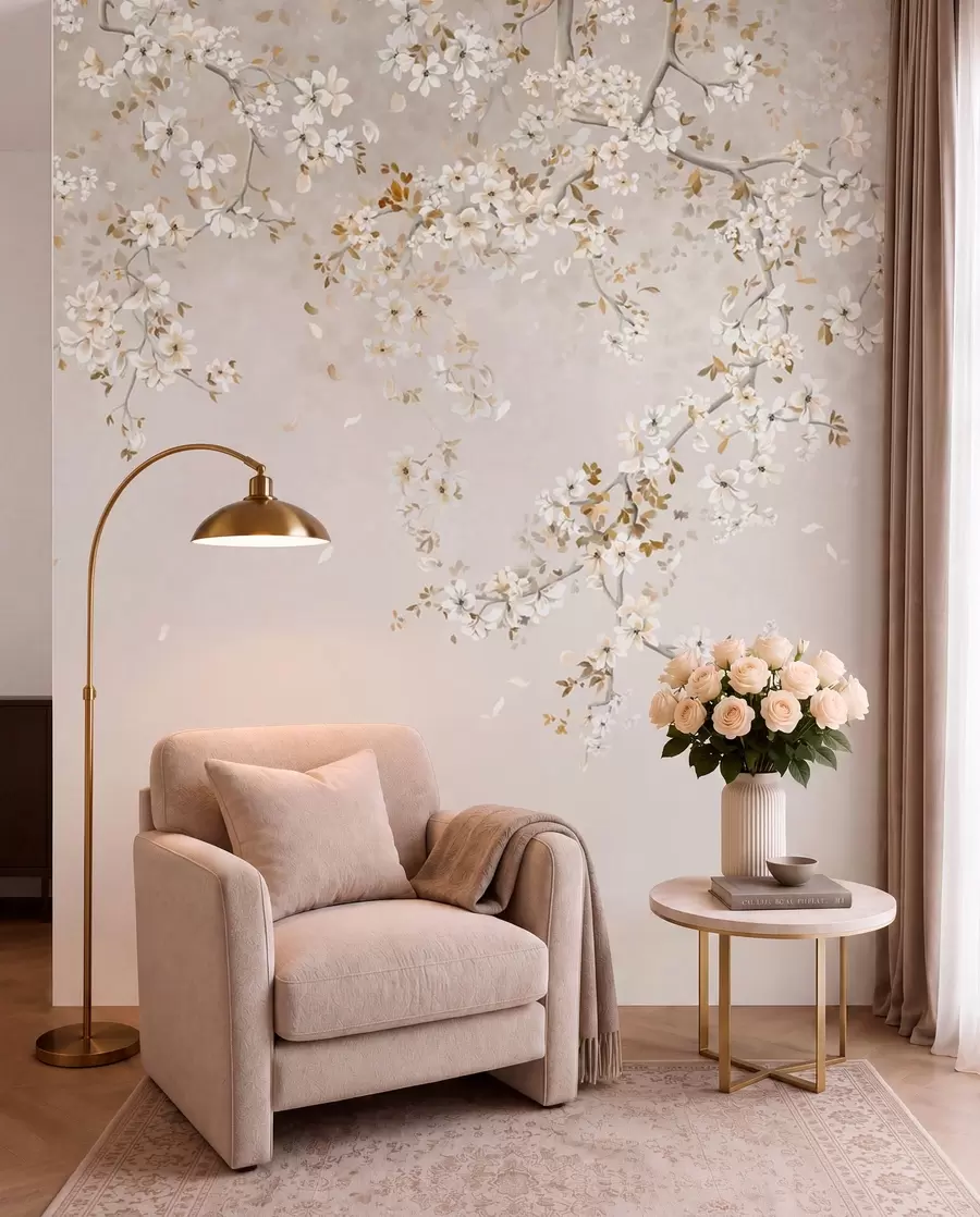 murales de pared Ramas con flores blancas sobre un fondo beige suave. w05129
