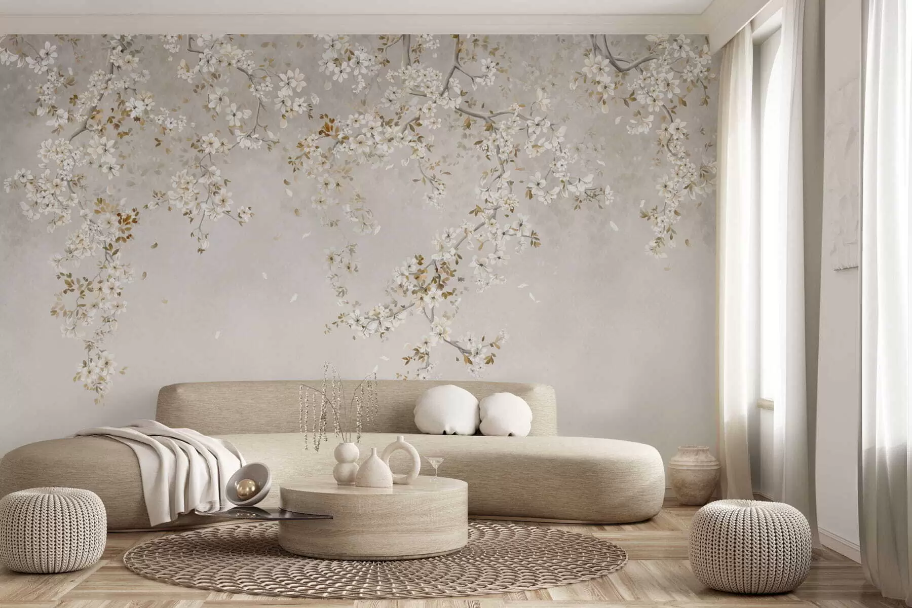 murales de pared Ramas con flores blancas sobre un fondo beige suave. w05129