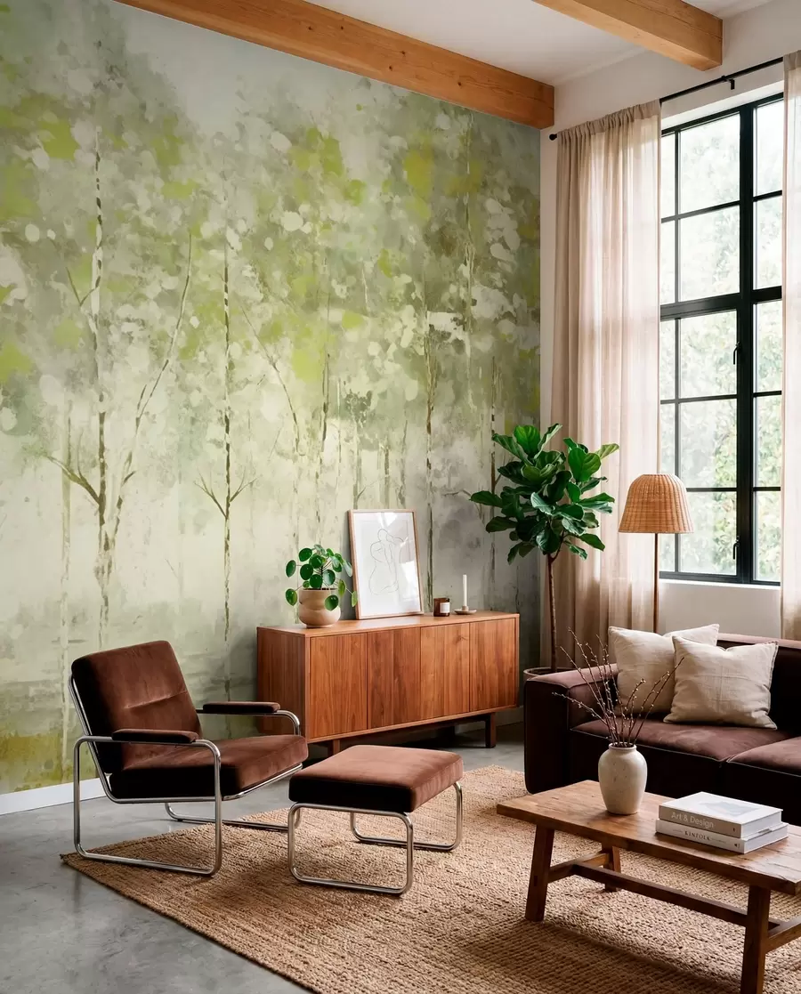 murales de pared Bosque estilizado con árboles esbeltos en tonos verdes. w05221v1
