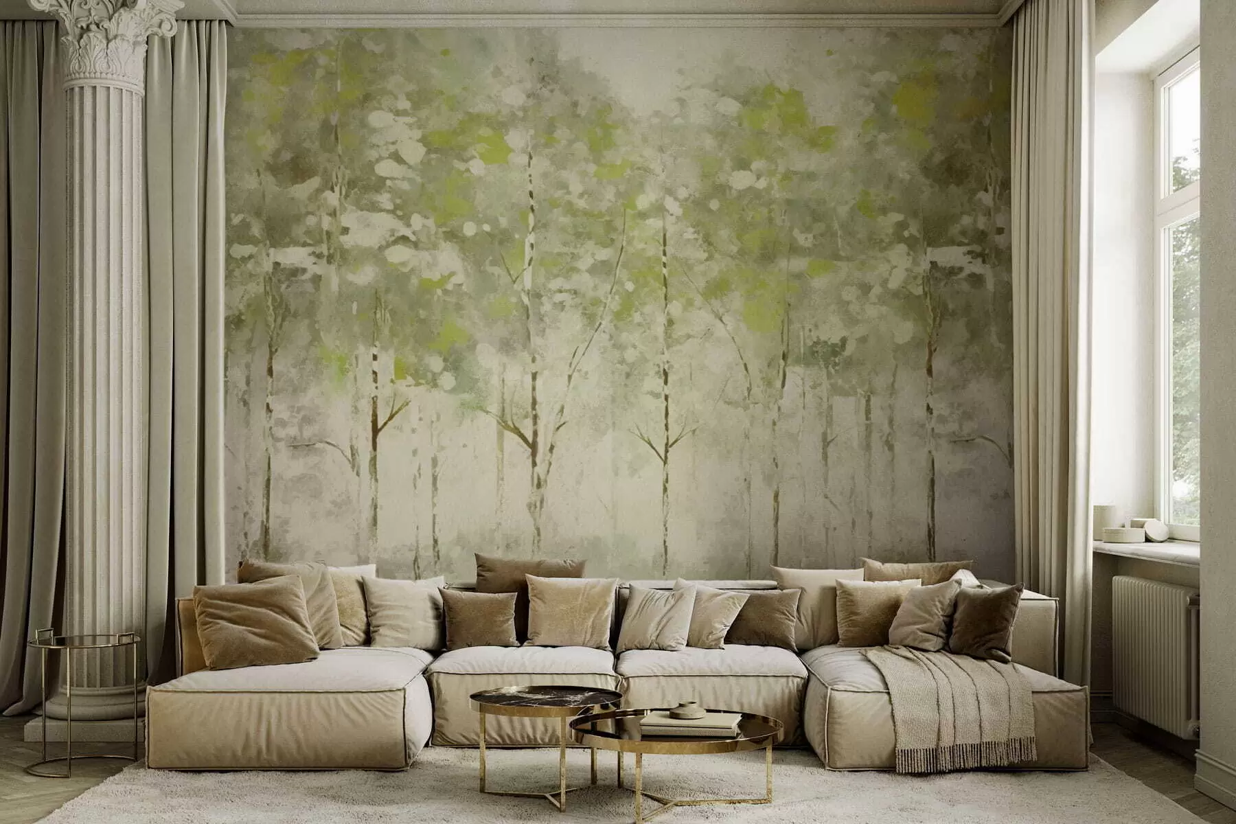 murales de pared Bosque estilizado con árboles esbeltos en tonos verdes. w05221v1