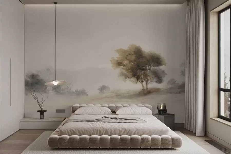 murales de pared Paisaje minimalista con un árbol solitario en la niebla. w05223