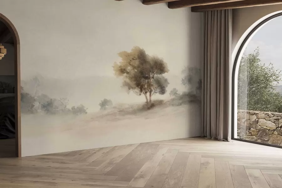 murales de pared Paisaje minimalista con un árbol solitario en la niebla. w05223