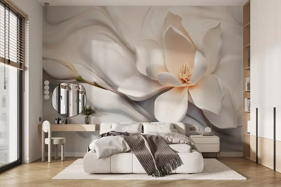 murales de pared Magnolia blanca tridimensional con imitación de textura de mármol en relieve. w09729