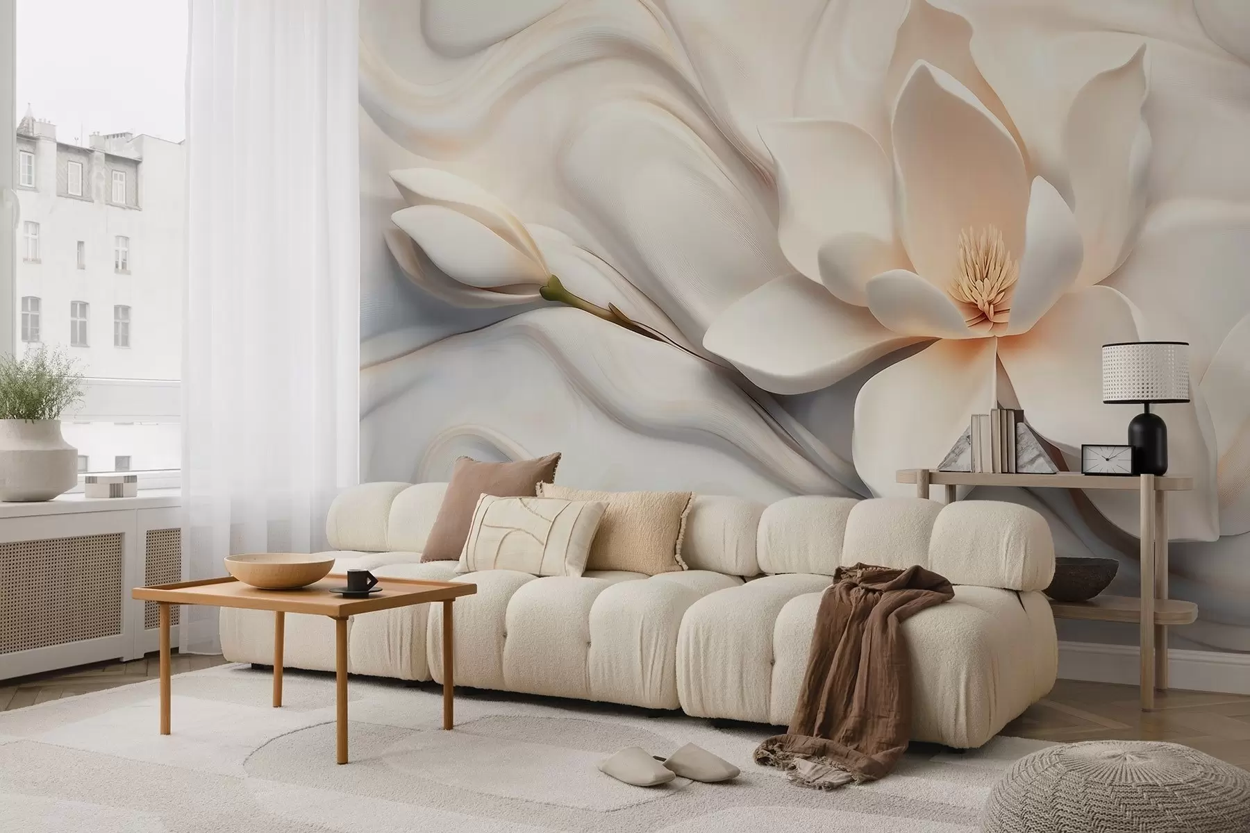 murales de pared Magnolia blanca tridimensional con imitación de textura de mármol en relieve. w09729