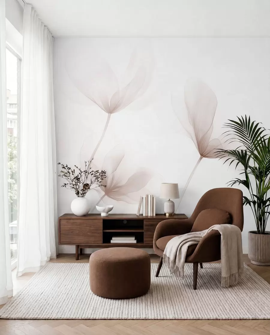 murales de pared Flores beige aireadas en un estilo minimalista y ligero. w09734