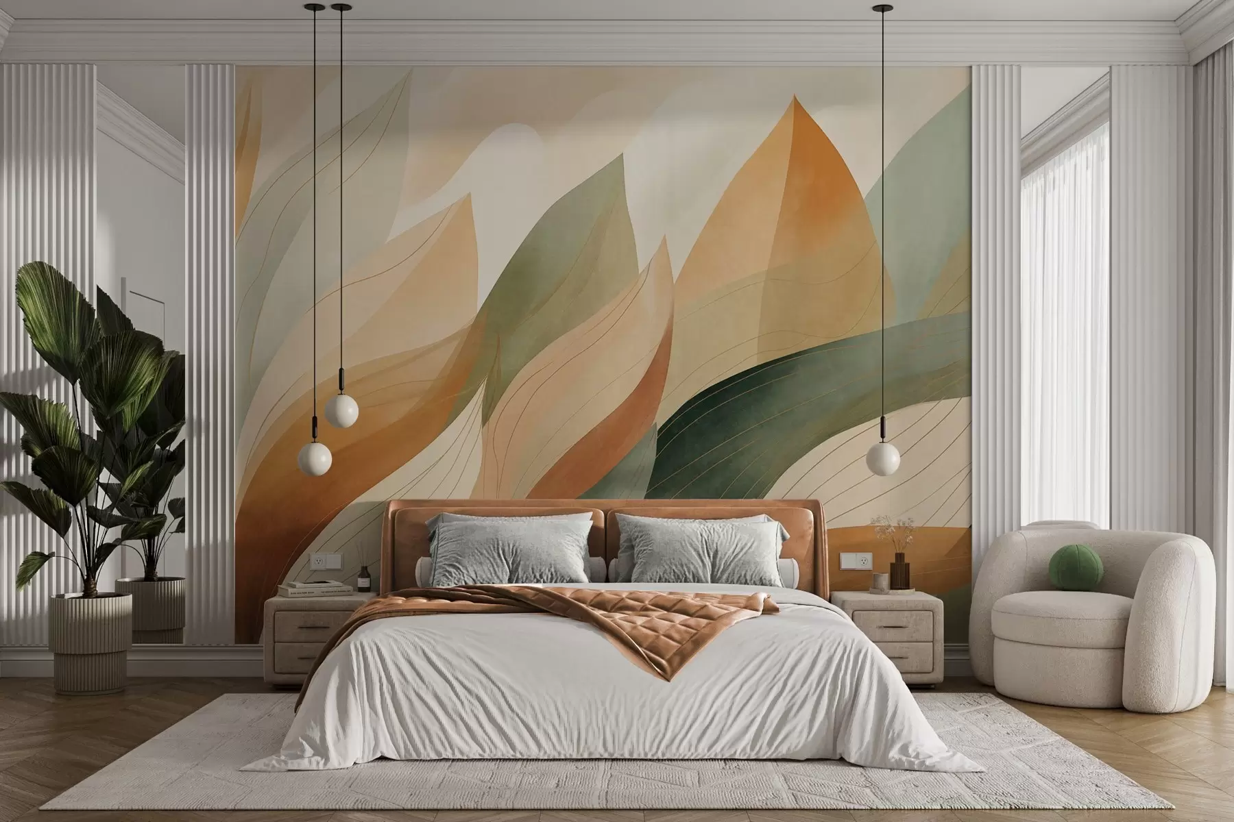 murales de pared Hojas abstractas, tonos tierra apagados de verde y naranja con delicados detalles lineales, textura suave de acuarela. w09736