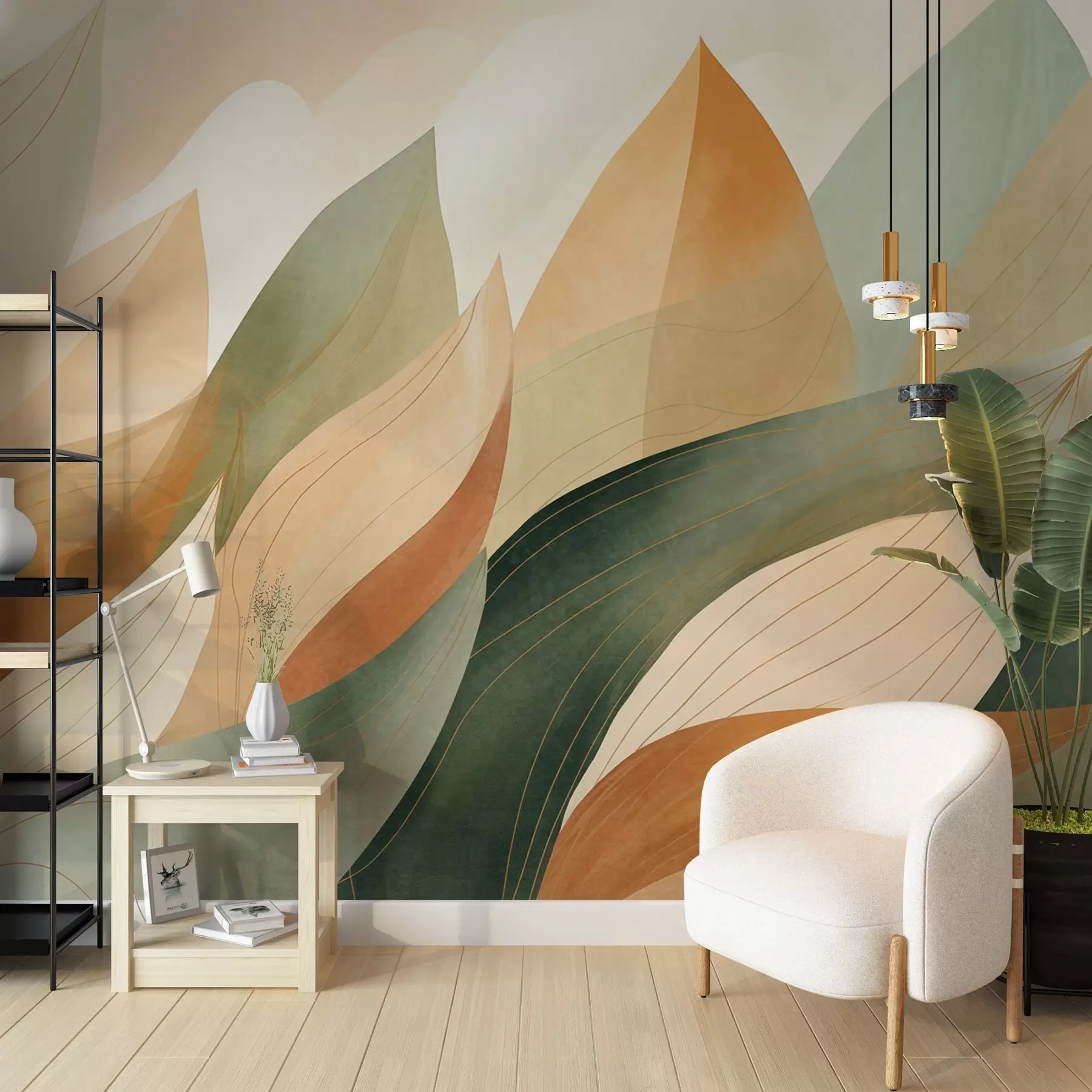 murales de pared Hojas abstractas, tonos tierra apagados de verde y naranja con delicados detalles lineales, textura suave de acuarela. w09736