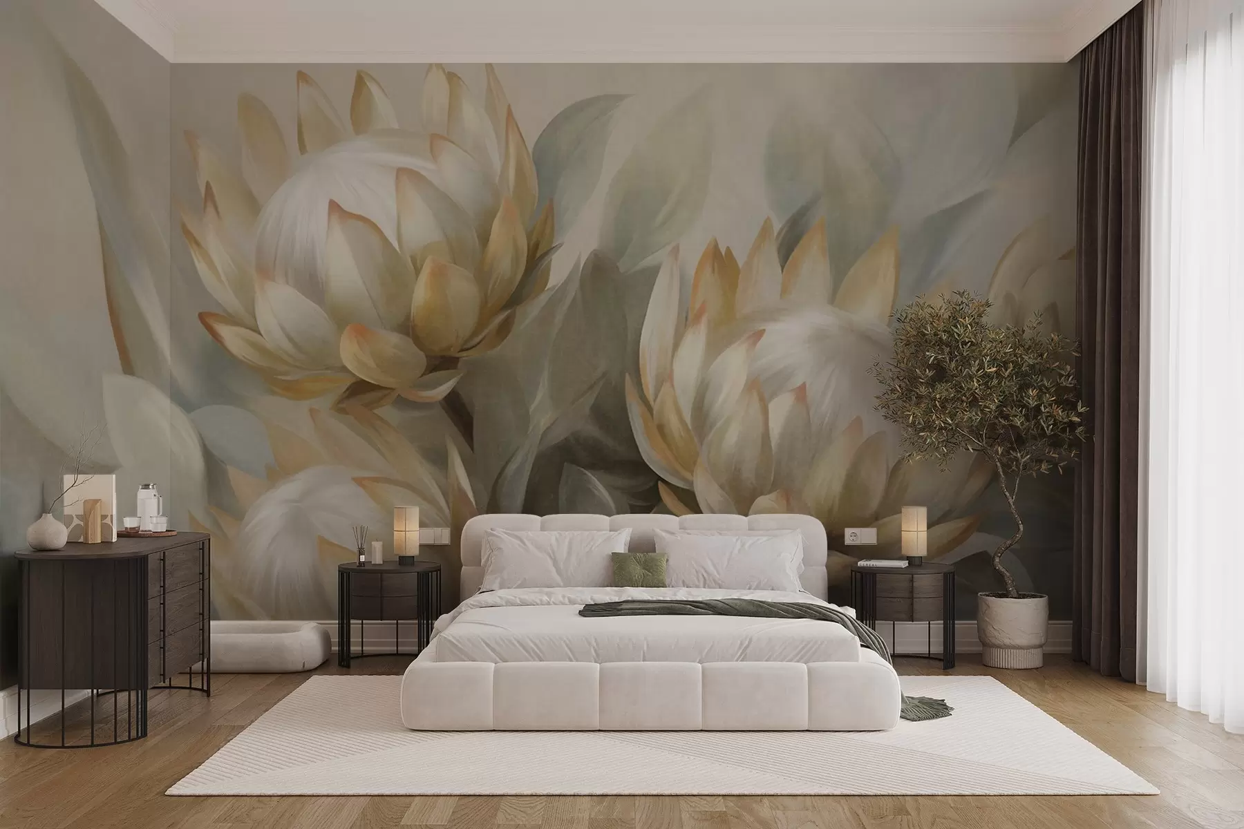 murales de pared Flores de protea con textura, hojas verdes y un fondo suave y difuminado. w09738