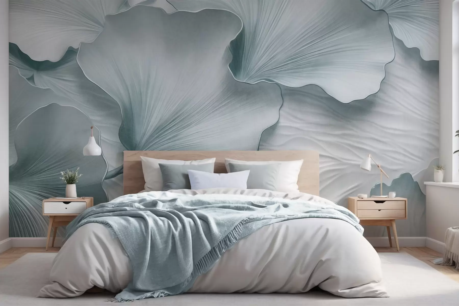 murales de pared Pétalos de hojas de ginkgo texturizados, azules y blancos, con un delicado estampado orgánico. w09741v1