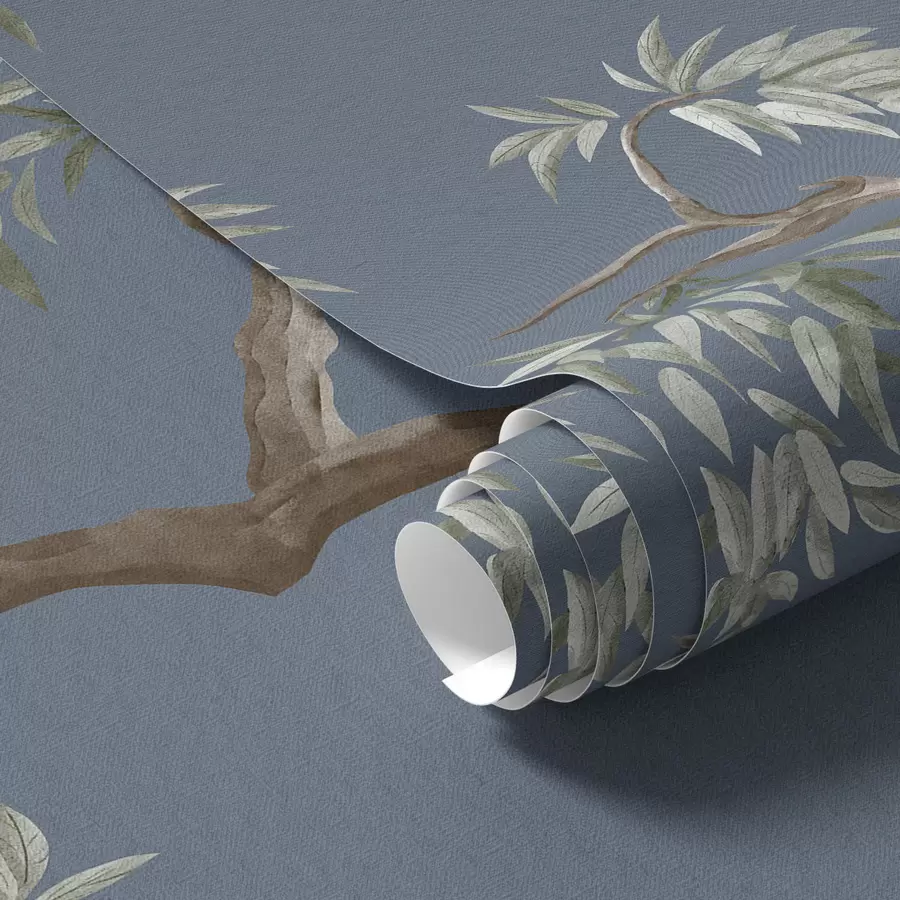 murales de pared Rama de árbol con hojas sobre fondo azul a01117