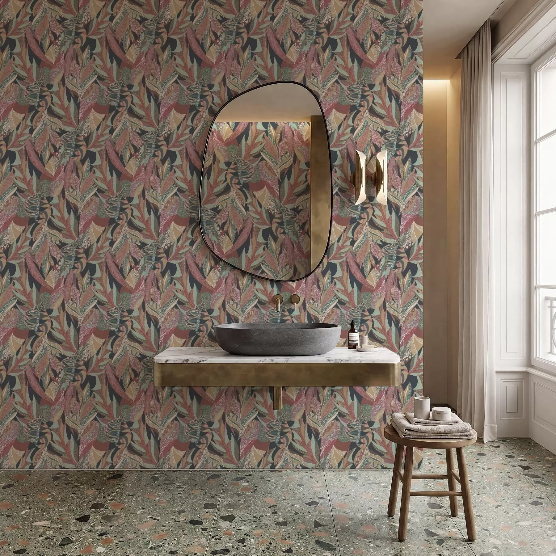 murales de pared Hojas con motivos coloridos sobre fondo oscuro a01120