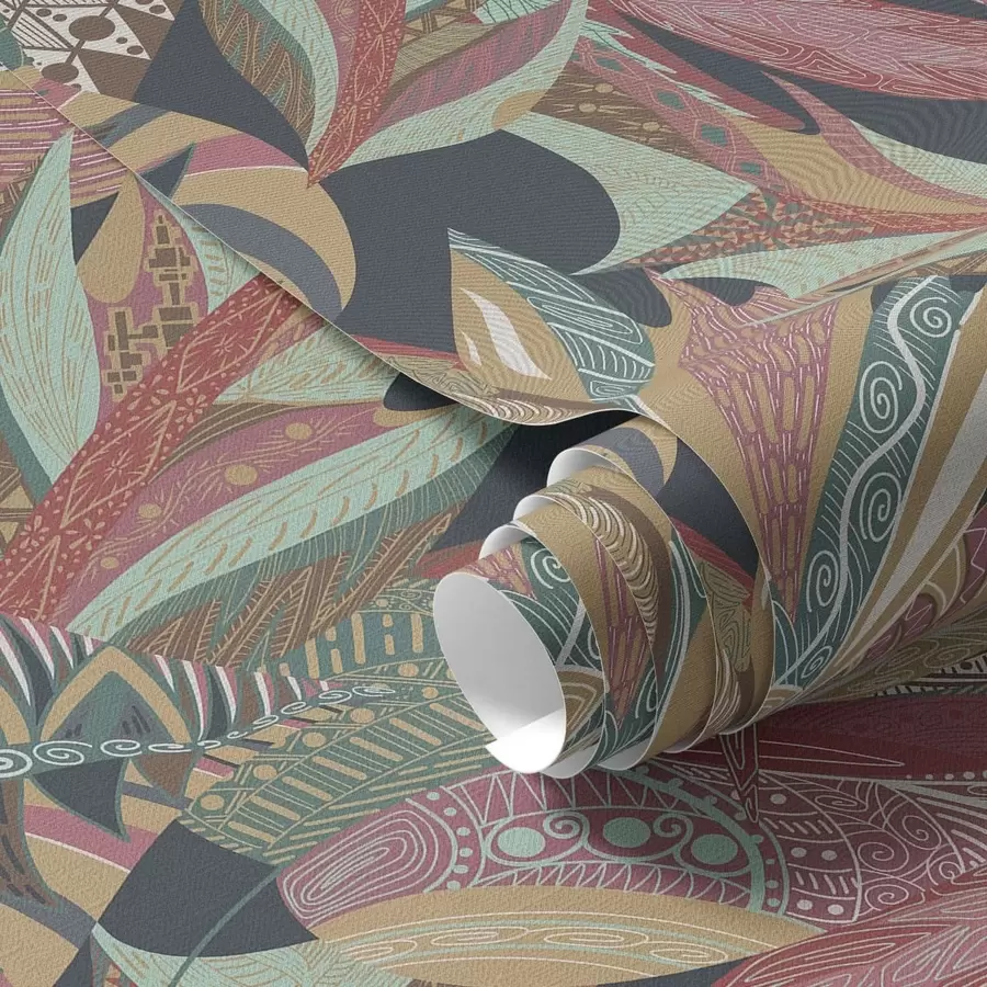 murales de pared Hojas con motivos coloridos sobre fondo oscuro a01120