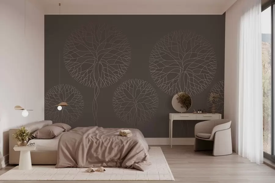 murales de pared Árboles lineales fantásticos con copas frondosas en elegantes tonos moca. w05213v1