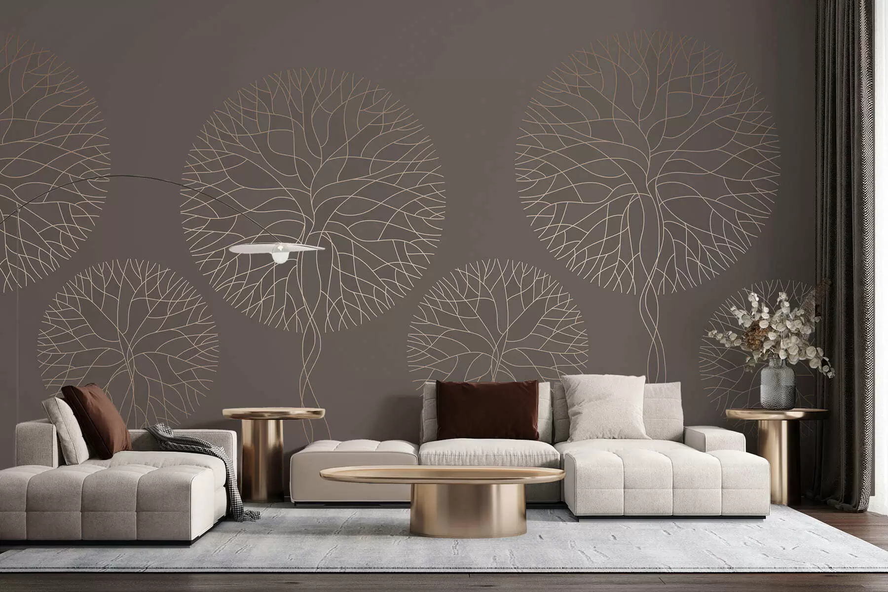 murales de pared Árboles lineales fantásticos con copas frondosas en elegantes tonos moca. w05213v1