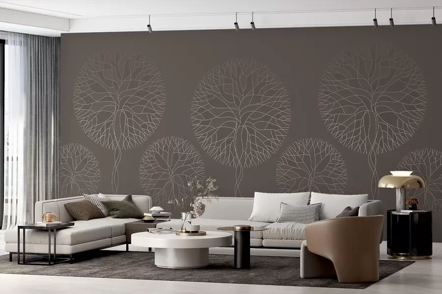 murales de pared Árboles lineales fantásticos con copas frondosas en elegantes tonos moca. w05213v1