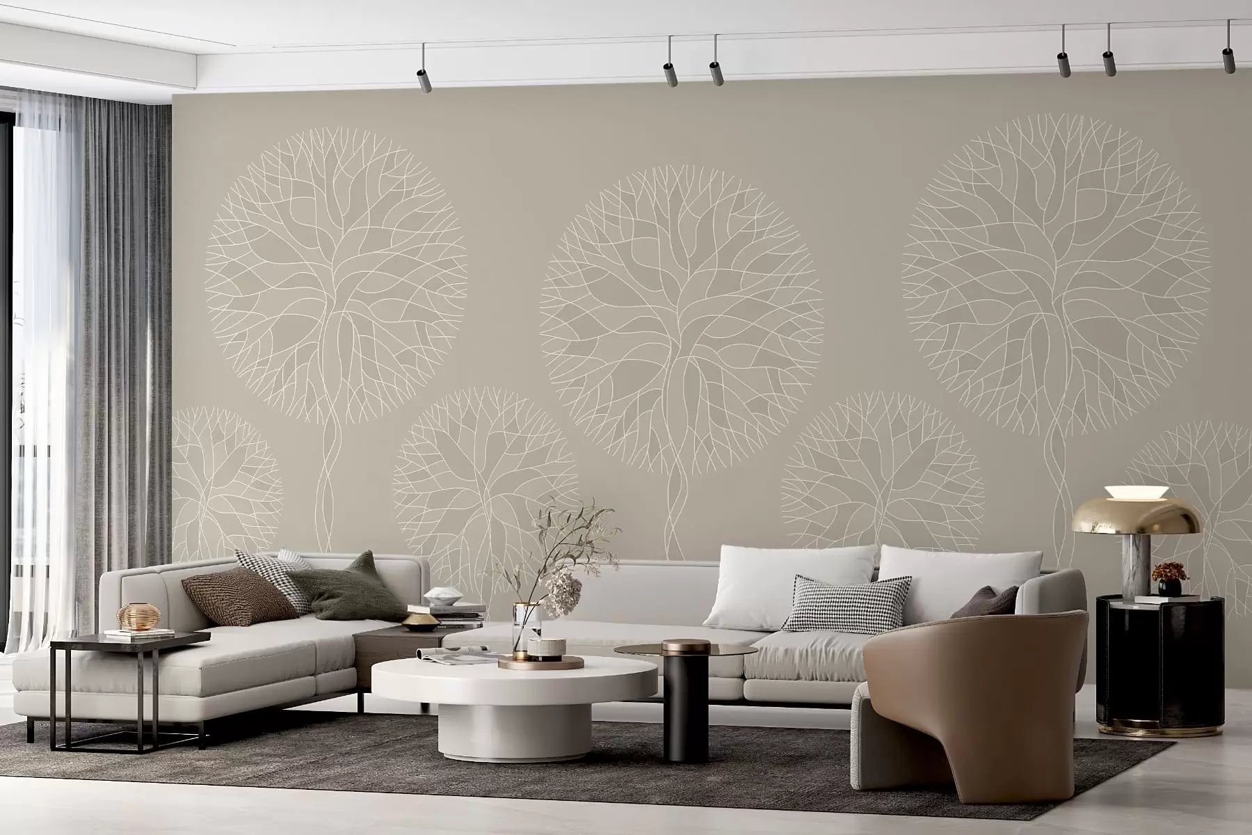 murales de pared Árboles lineales fantásticos con copas frondosas en tonos beige. w05213v3