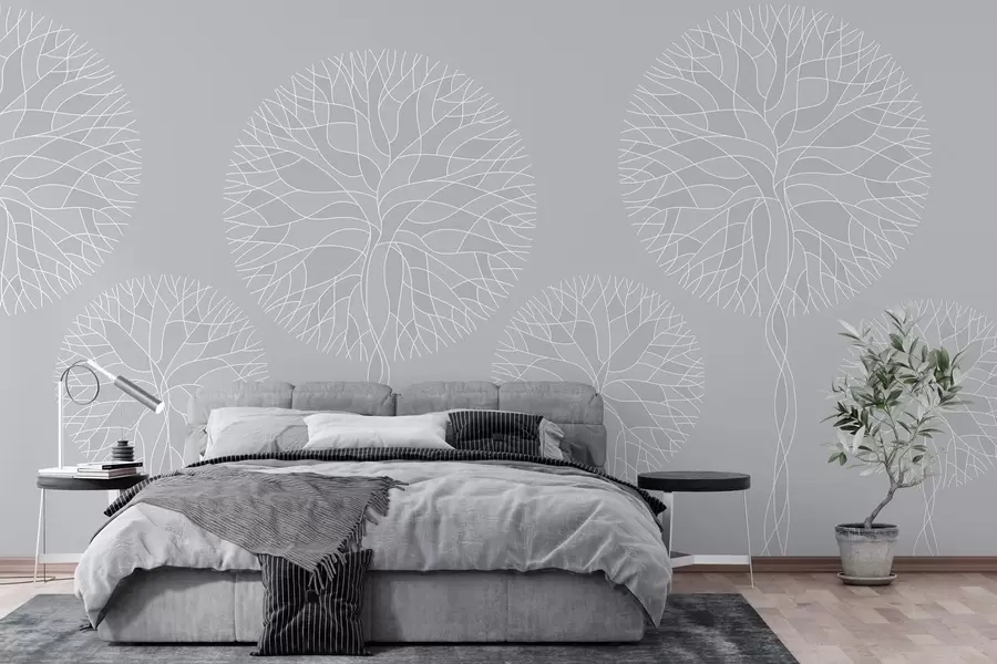 murales de pared Árboles lineales fantásticos con copas frondosas en tonos gris claro. w05213v4