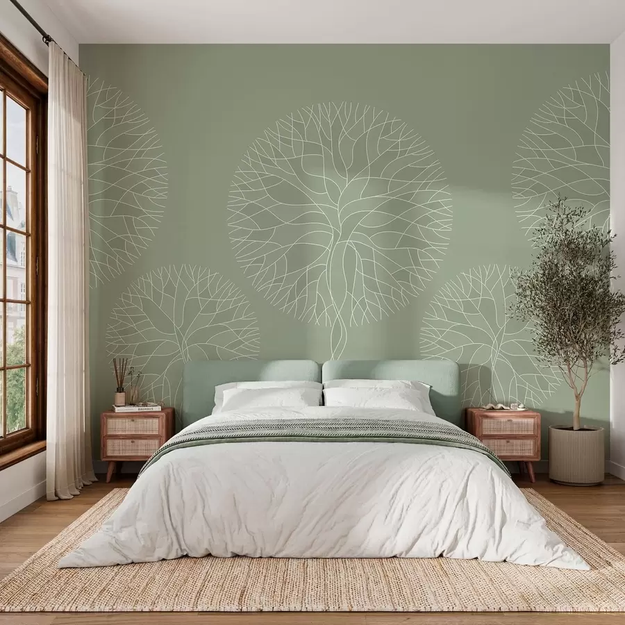 murales de pared Árboles lineales fantásticos con copas frondosas en tonos verde claro. w05213v6