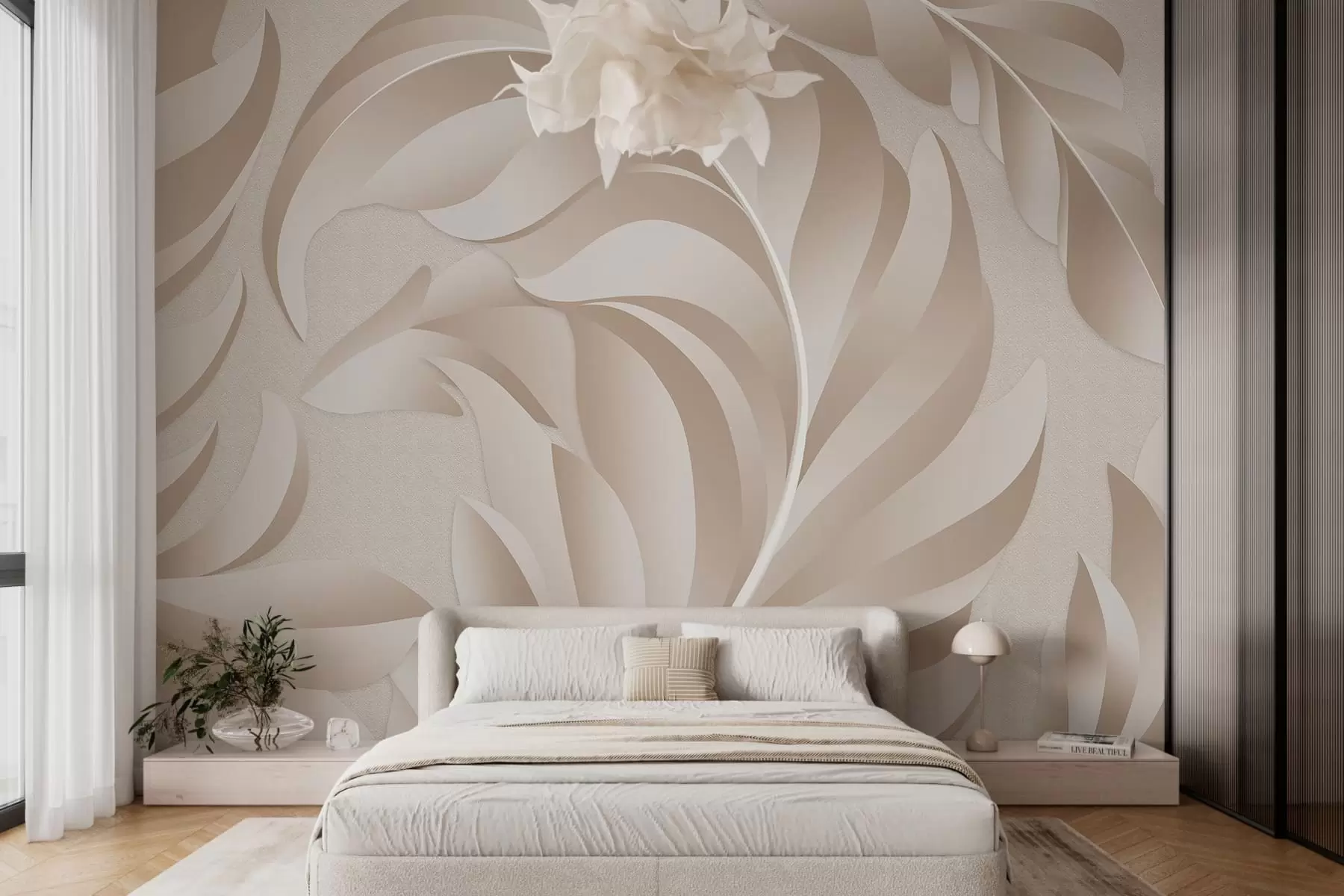 murales de pared Plumas grandes con textura en tonos beige y empolvados. w05231