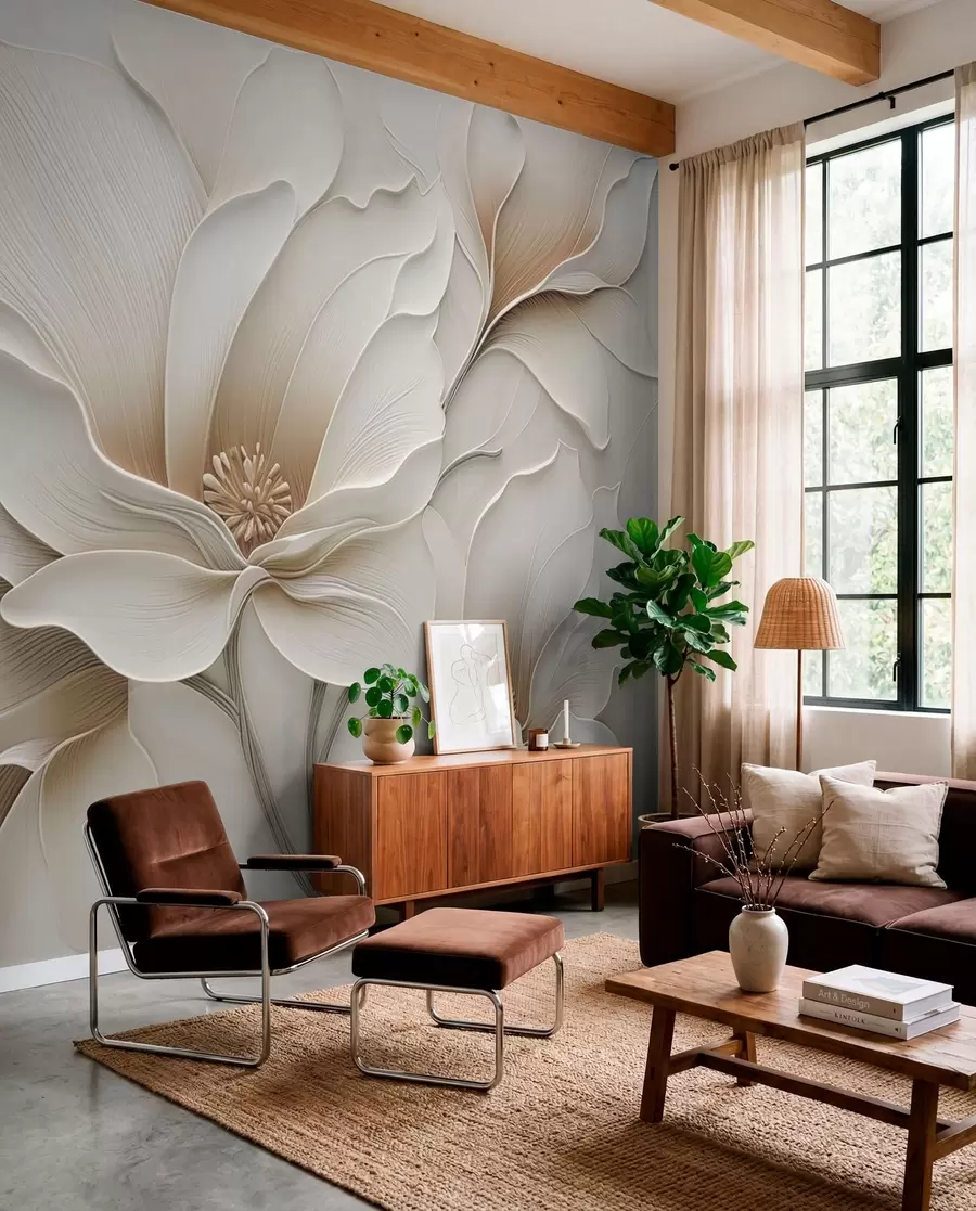 murales de pared Primer plano de relieve con flores beige en relieve w05269