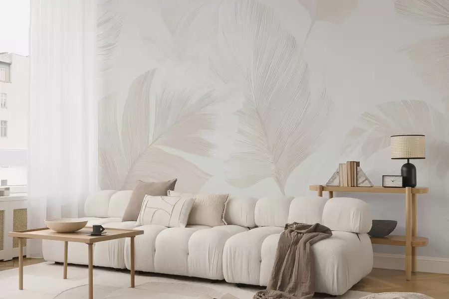 murales de pared Suaves plumas de color marfil en tonos beige lechoso. w09563