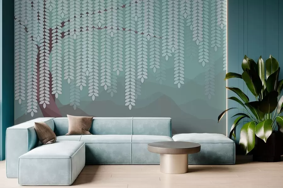 murales de pared Árbol de sauce estilizado con hojas colgantes sobre un fondo de montañas minimalistas en tonos chocolate y turquesa. w05232v1