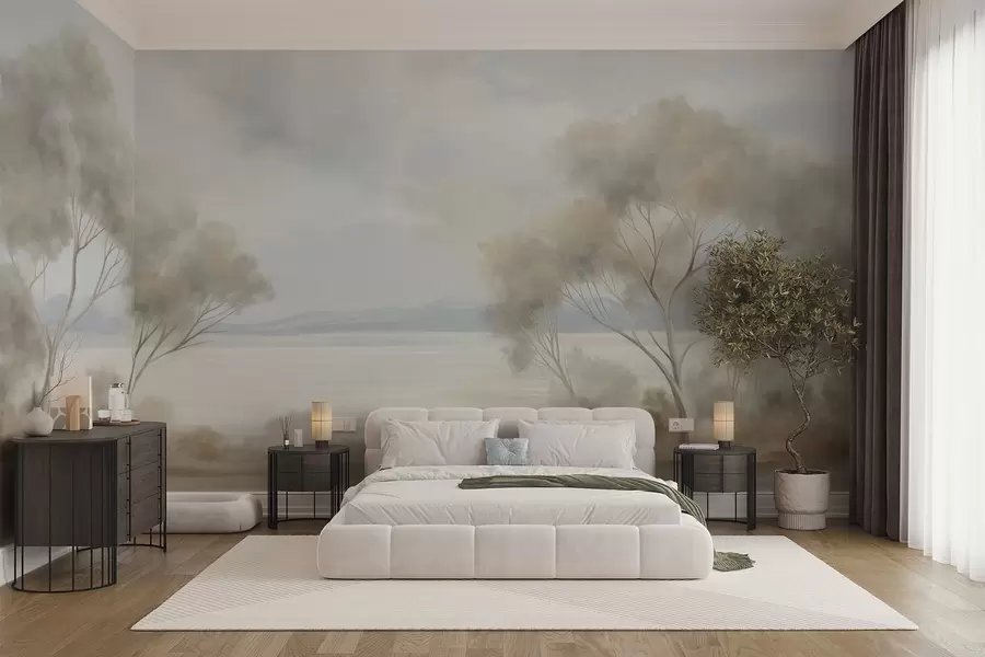 murales de pared Un estilo de pintura con textura paisajística con árboles bajo un cielo nublado. w09753