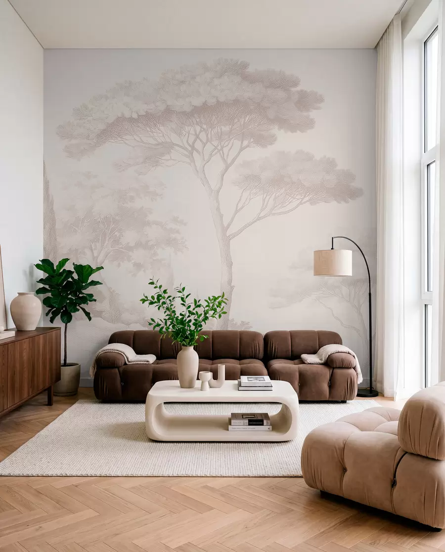 murales de pared Tranquilo paisaje forestal en una paleta de colores beige. w09685