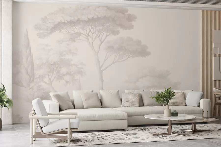 murales de pared Tranquilo paisaje forestal en una paleta de colores beige. w09685