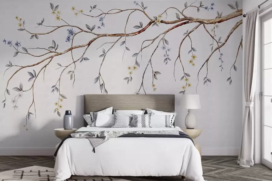 murales de pared Ramas delgadas con pequeñas flores sobre fondo claro. w05145