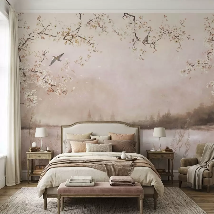 murales de pared Ramas en flor sobre un lago tranquilo con pájaros en la niebla. w05155v1